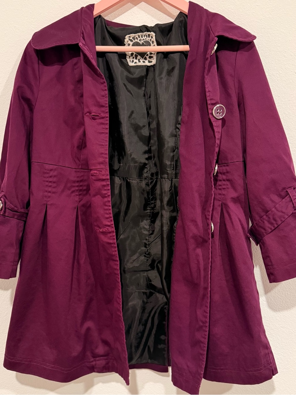 Heart Soul Plum Trench Coat with Pleated Waist Large